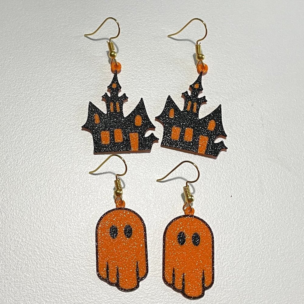 Set of 2 Halloween Earrings-Ghost Earrings-Haunted House Earrings-New!